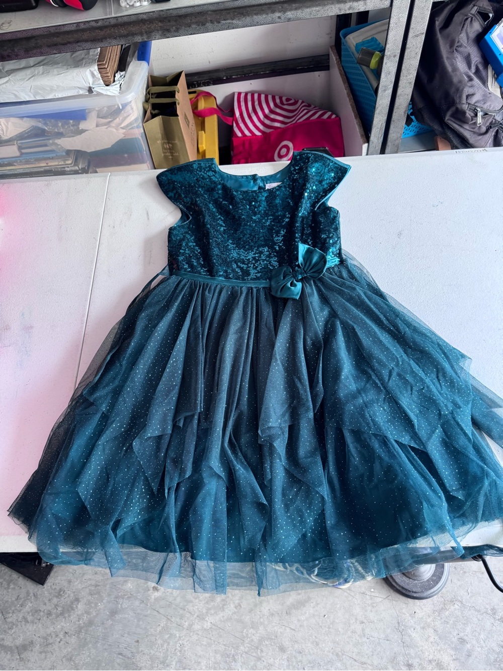 Jona Michelle Teal Sparkle Tulle Party Dress with Bow Accent